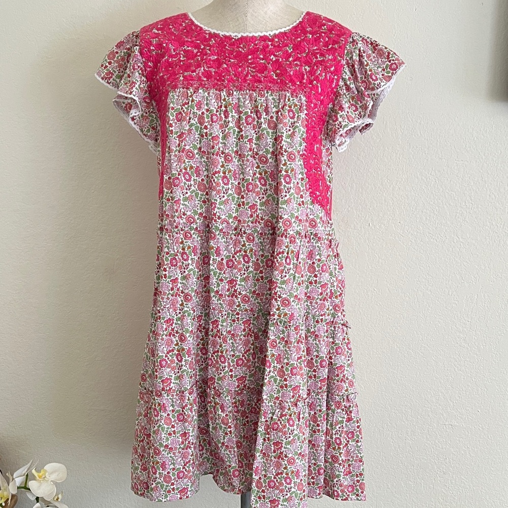 Bright Pink Floral Lace-Yoke Mini Dress